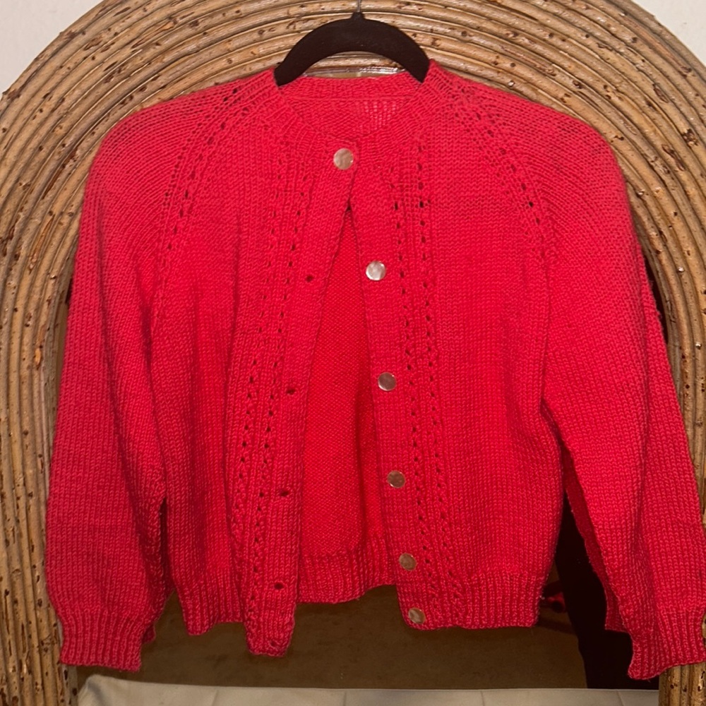 Vintage Handmade Knit Bright Pink Cropped Cardigan